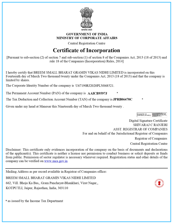 Breem Small Bharat Gramin Vikas Nidhi Limited's Certificate of Incorporation